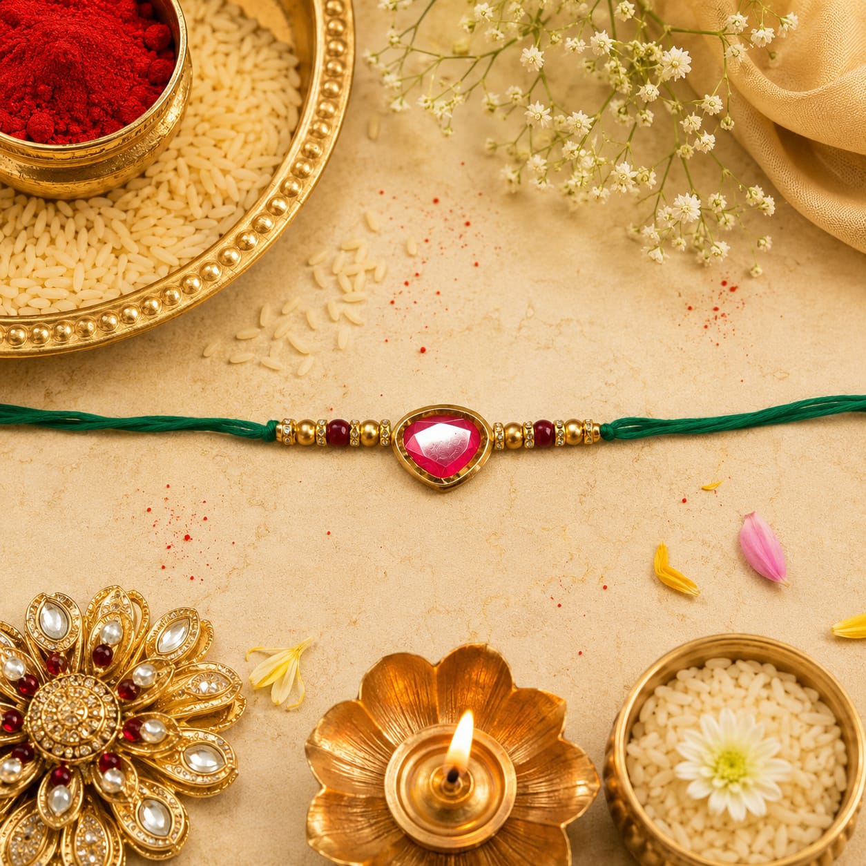 Pink Heart Stone Designer Rakhi for Brother with Roli Chawal & Raksha Bandhan Card