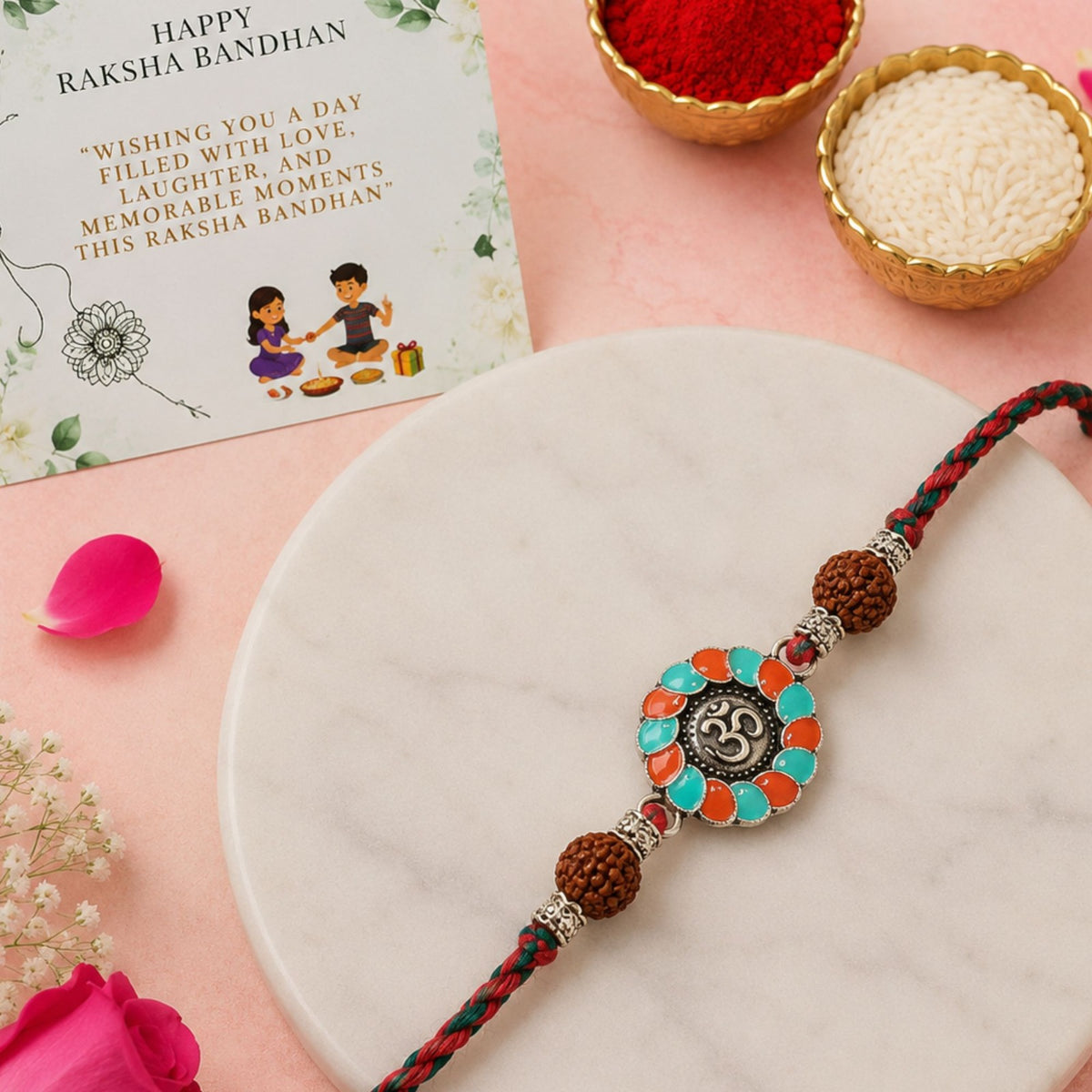 Om Rudraksha Turquoise & Orange Enamel Rakhi