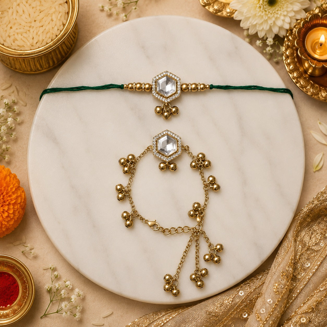 White Ghungroo Bhaiya Bhabhi Lumba Rakhi with Roli Chawal & Rakshabandhan Card