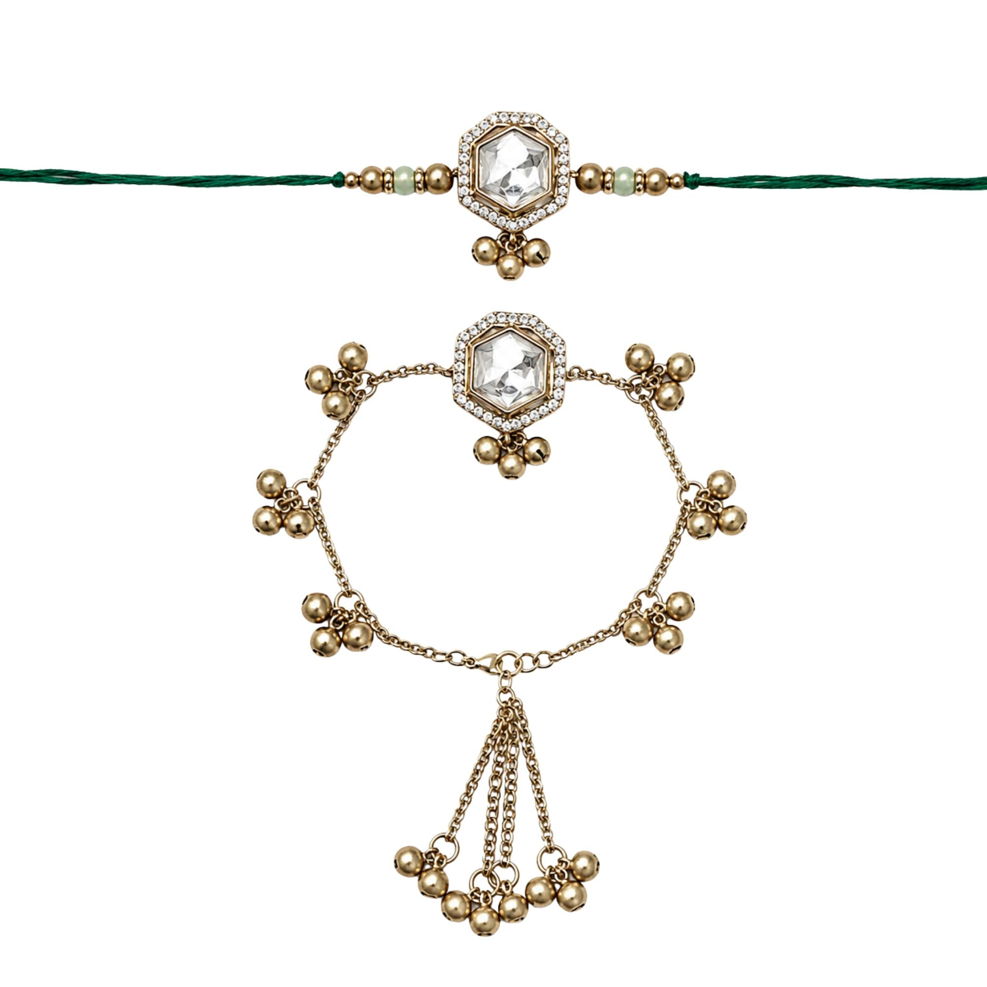 White Ghungroo Bhaiya Bhabhi Lumba Rakhi with Roli Chawal & Rakshabandhan Card