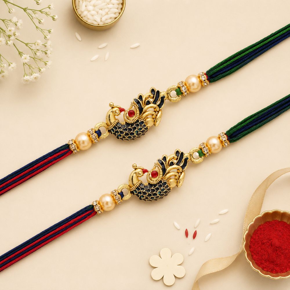 Gold Plated Designer CZ Pearl Multi-Colour Peacock Rakhi Combo For Men/Boys (R702-2) (Pack Of 2)