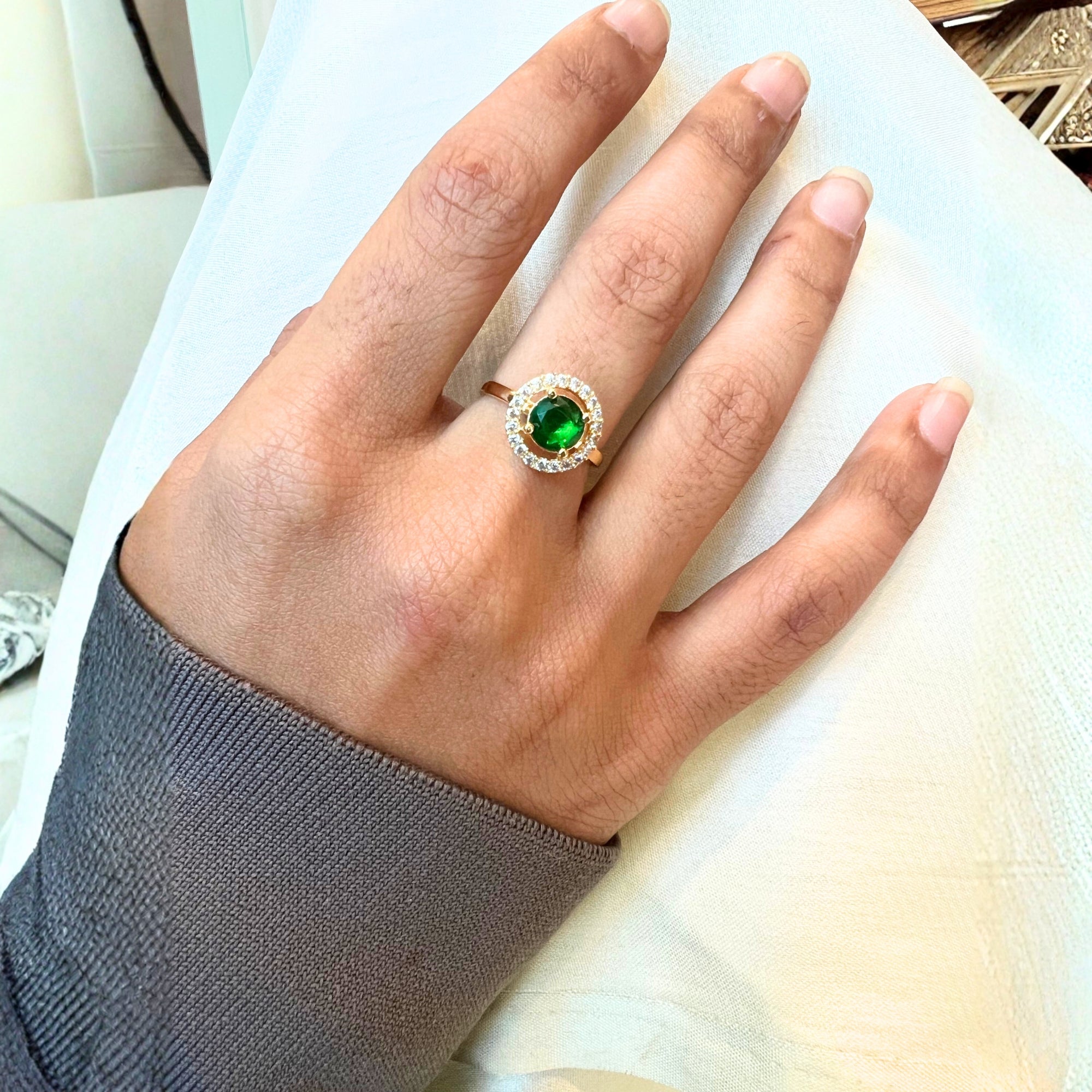 Tiana - Green Round Stone Halo Cocktail Ring