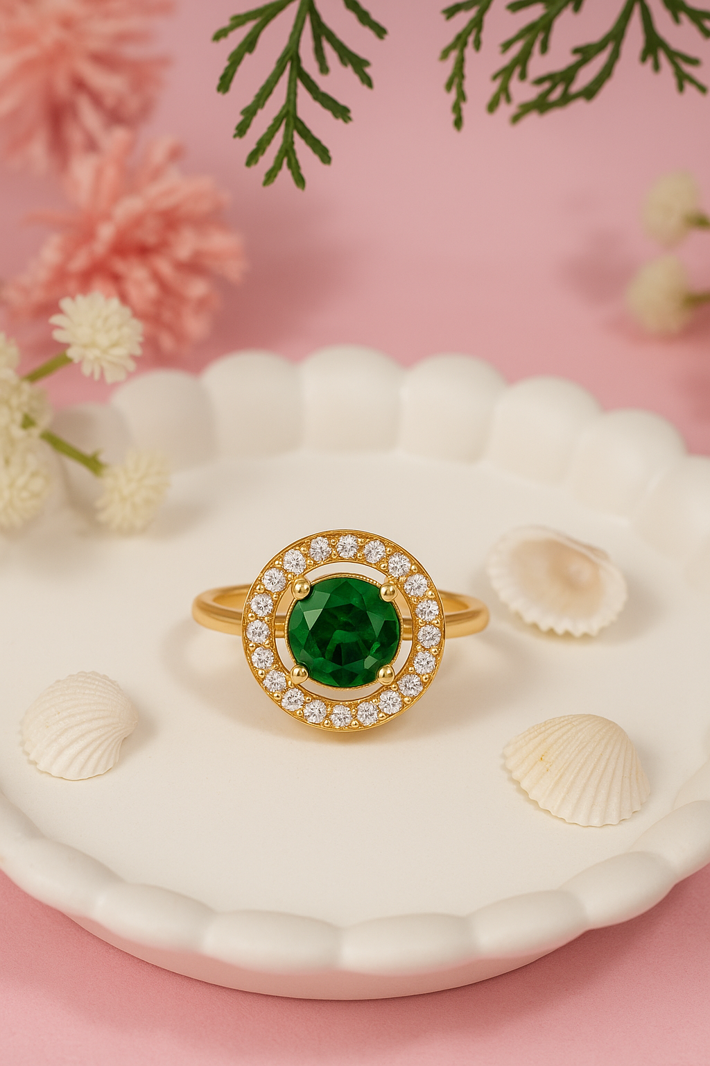 Tiana - Green Round Stone Halo Cocktail Ring