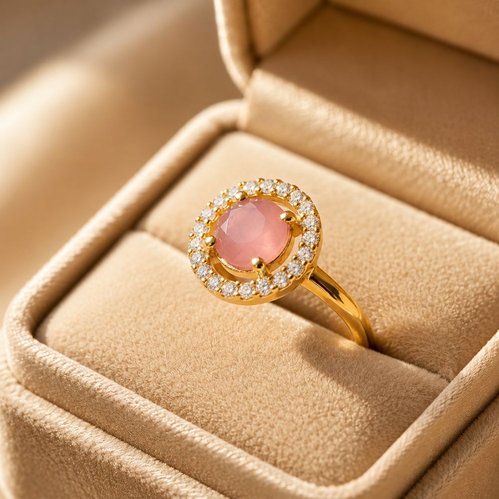 Tiana - Peach Round Stone Halo Cocktail Ring