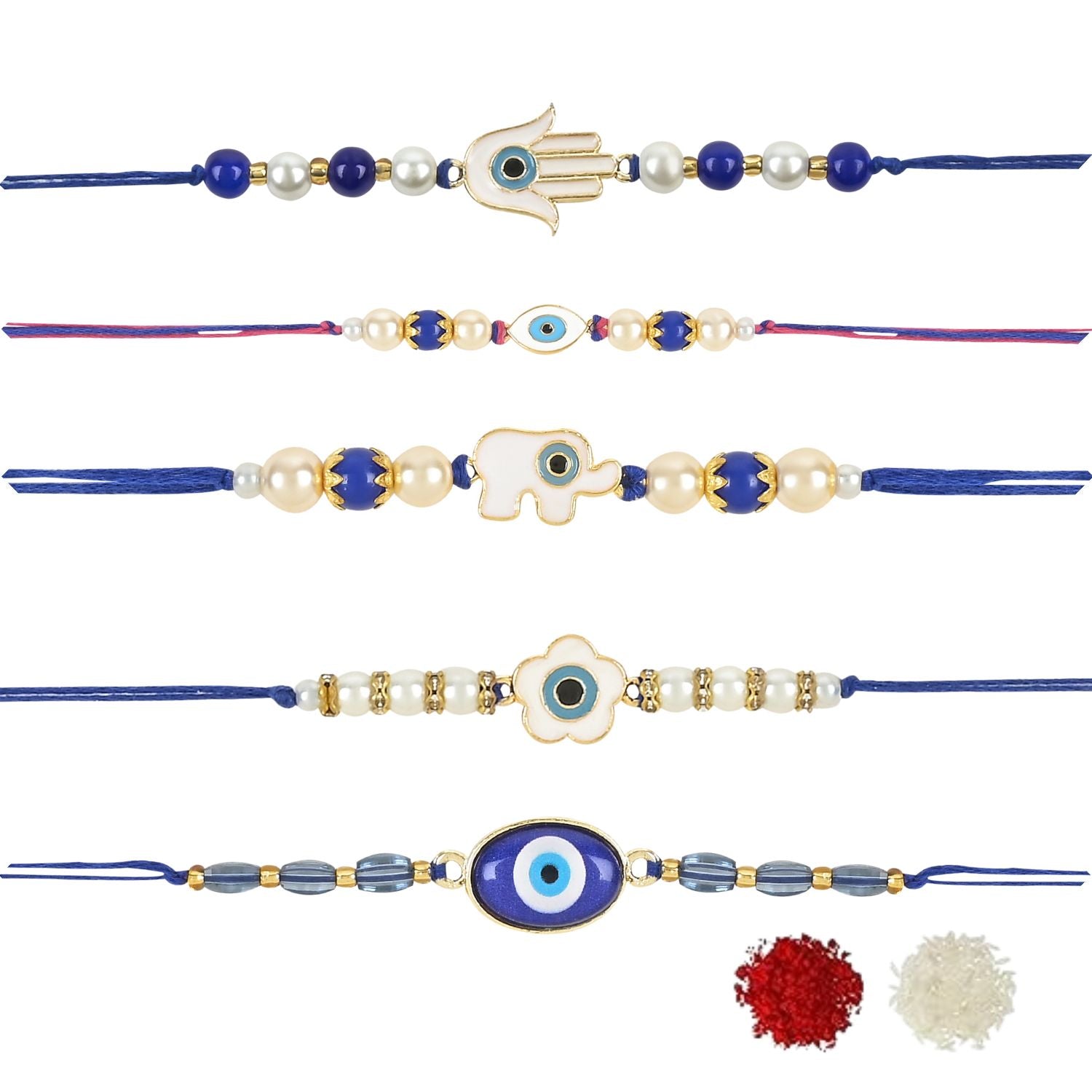 Combo Enamel Pearl Bhaiya Rakhi With Roli Chawal & Card (Pack of 5)