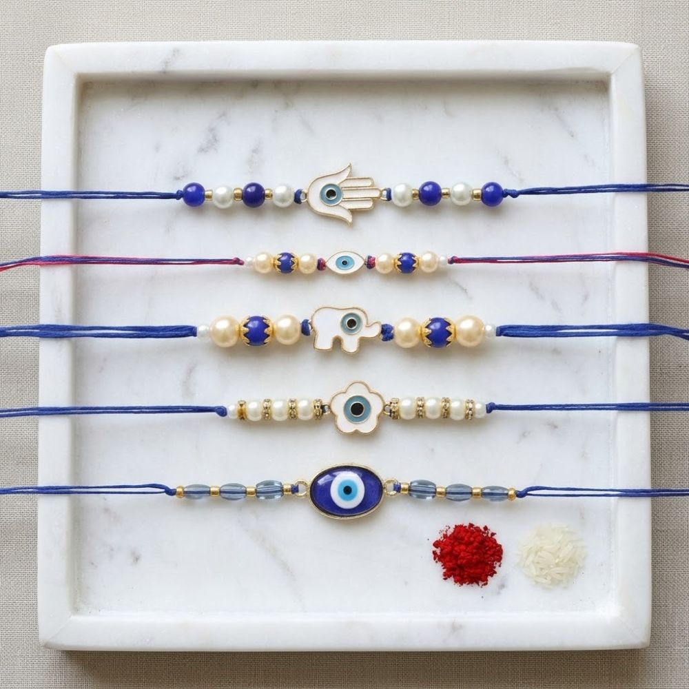 Combo Enamel Pearl Bhaiya Rakhi With Roli Chawal & Card (Pack of 5)