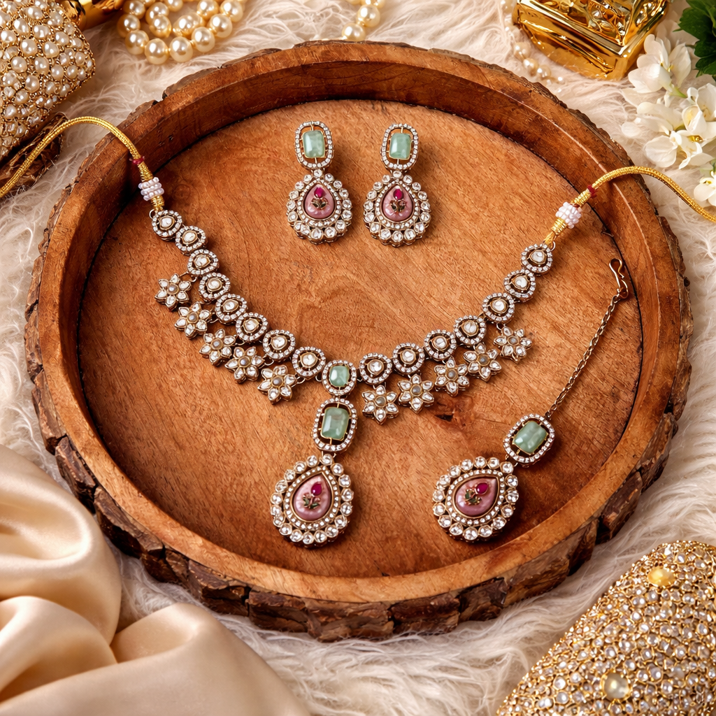 Juhi- Royal Pastel Polki Kundan Necklace Set with Mint Green & Blush Pink Stones, Earrings & Maang Tikka