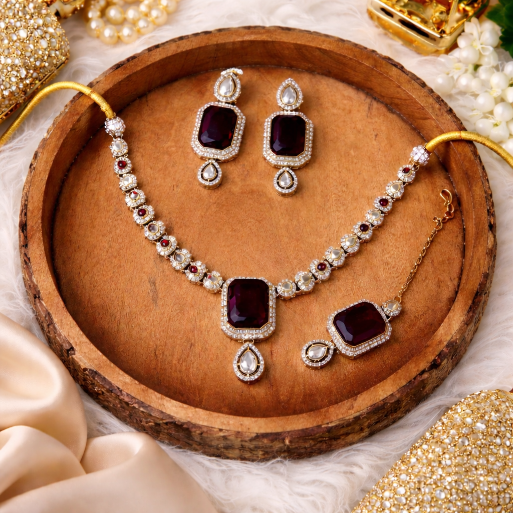 Dhriti- Royal maroon Red Polki Kundan Necklace Set with Polki Detailing, Matching Earrings & Maang Tikka