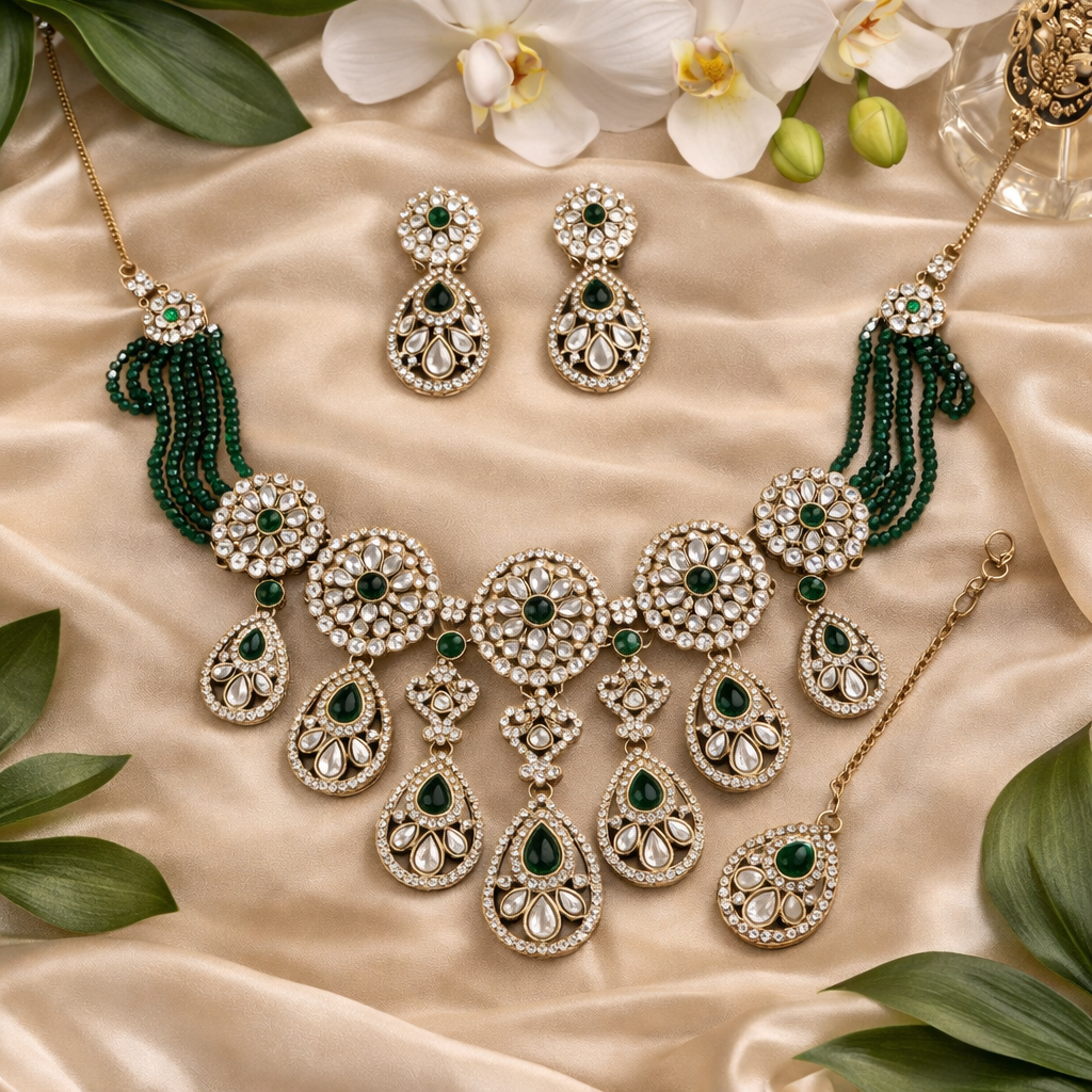 Reeya- Royal Emerald Green Polki Kundan & Beaded Bridal Necklace Set with Matching Earrings and Maang Tikka