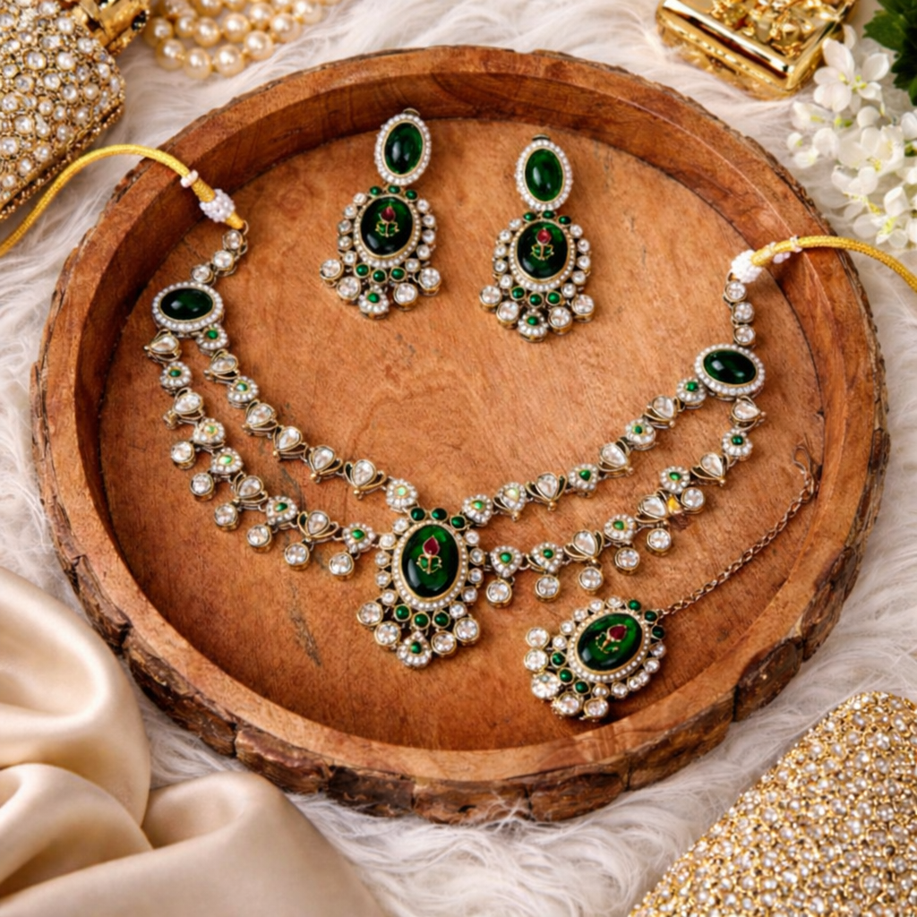 Ojasvi- Traditional Emerald Green Kundan Necklace Set with Matching Earrings & Maang Tikka