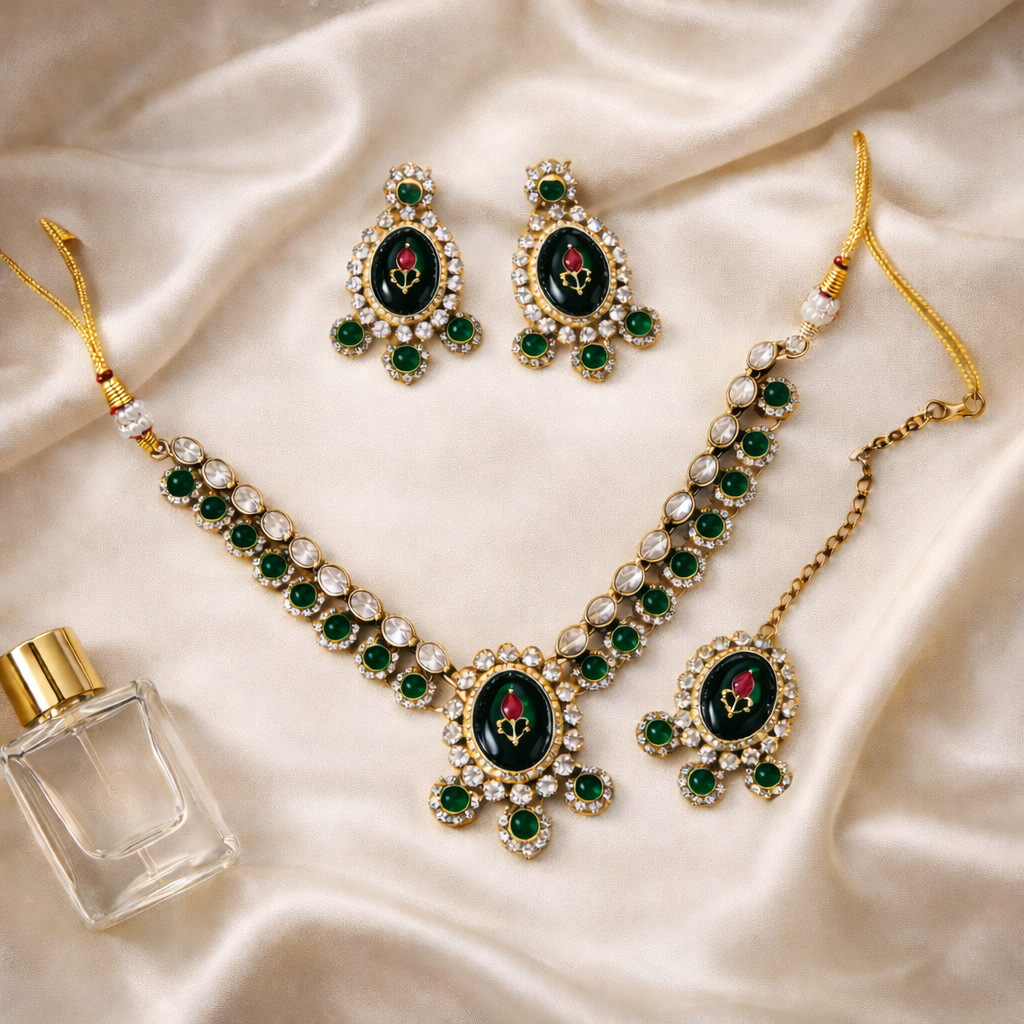 Aashvi- Royal Green Enamel Kundan Necklace Set with Emerald Green Accents, Earrings & Maang Tikka