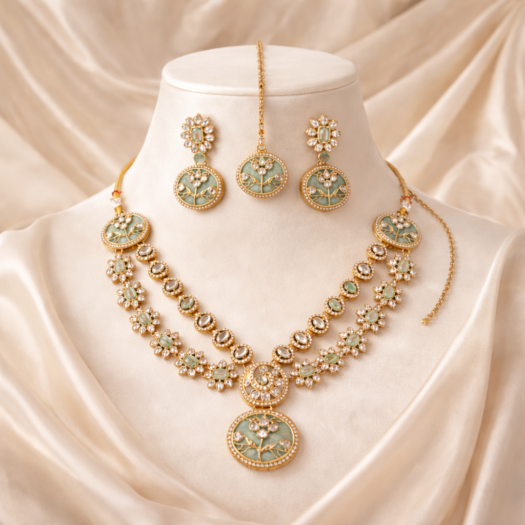 Sameesha- Mint Bloom Polki Kundan Necklace Set with Handcrafted Floral Pendant & Matching Earrings