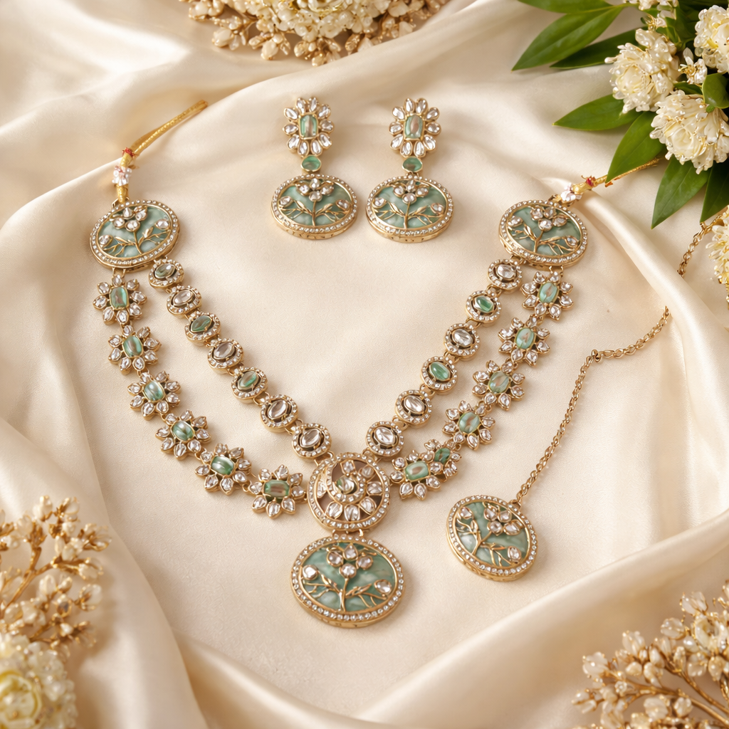 Sameesha- Mint Bloom Polki Kundan Necklace Set with Handcrafted Floral Pendant & Matching Earrings