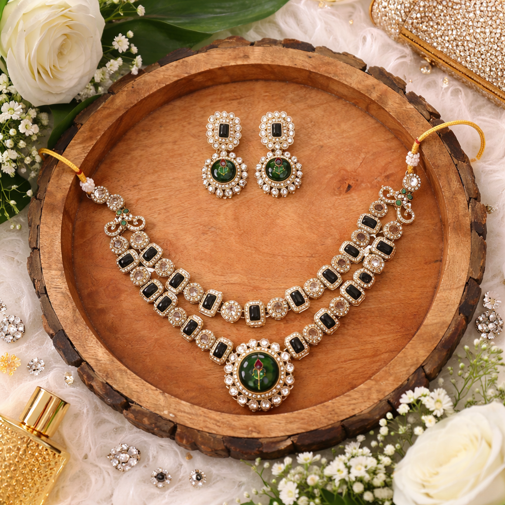 Tarini- Royal Emerald & Polki Kundan Dual-Layer Necklace Set with Handcrafted Pendant
