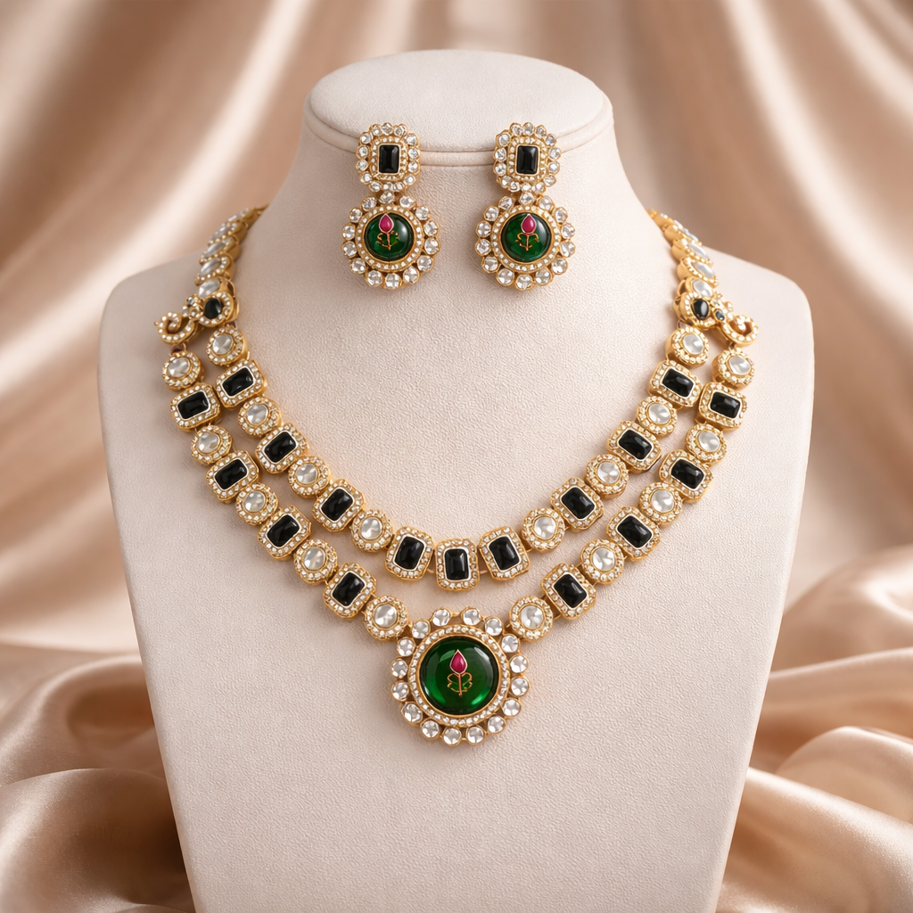 Tarini- Royal Emerald & Polki Kundan Dual-Layer Necklace Set with Handcrafted Pendant