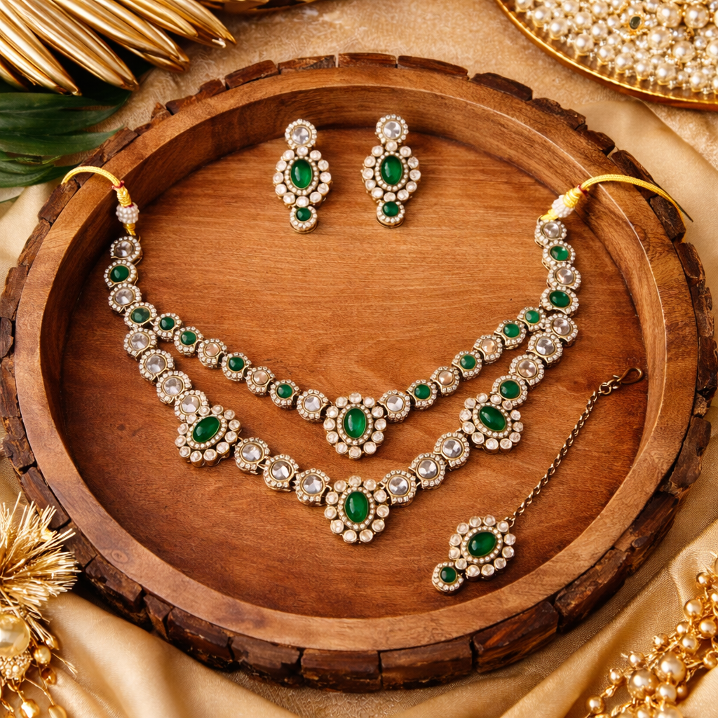 Umaani- Emerald Polki Kundan Dual-Layer Bridal Necklace Set
