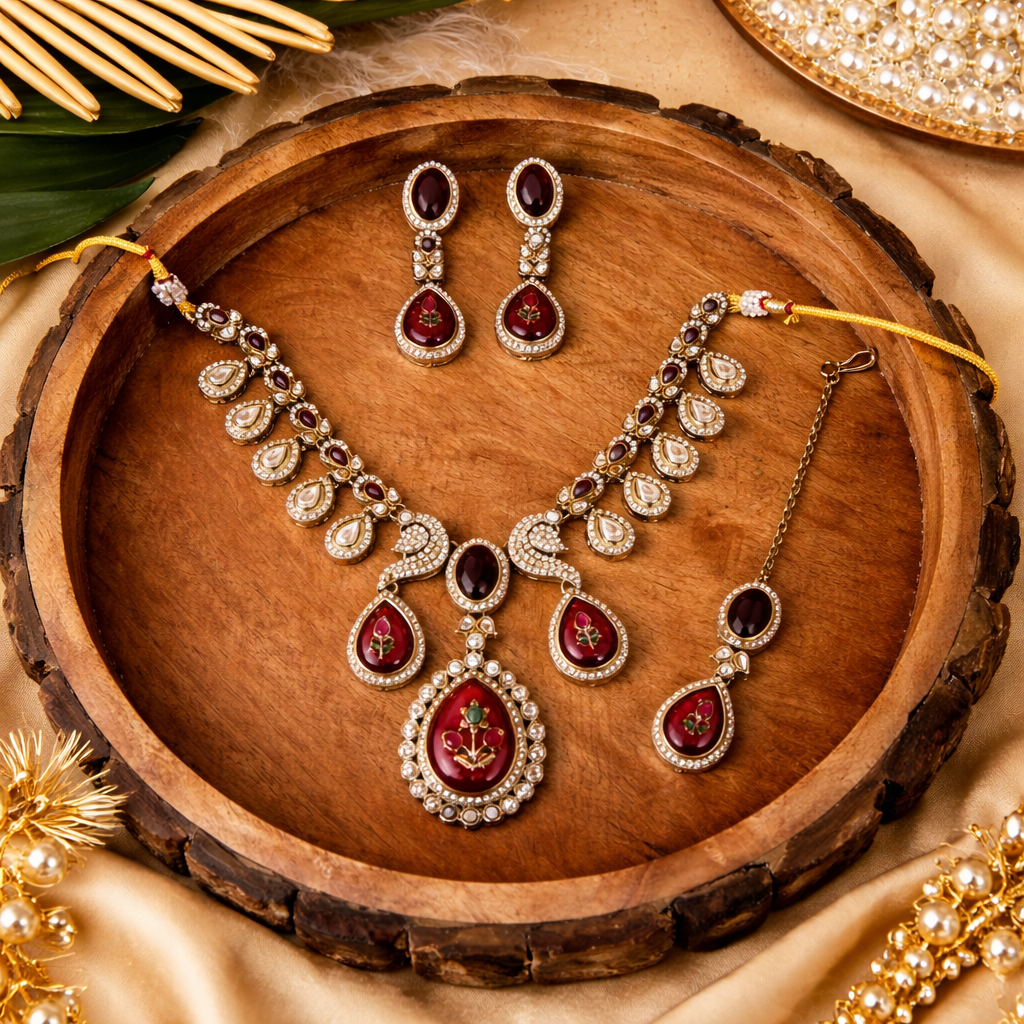 Nivra- Royal Ruby Peacock Kundan Bridal Necklace Set with Handcrafted Enamel Detailing