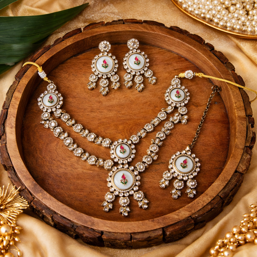 Nirvaha- Rose Enamel Kundan Bridal Necklace Set with Pearl Detailing