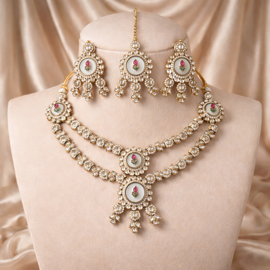Nirvaha- Rose Enamel Polki Kundan Bridal Necklace Set with Pearl Detailing