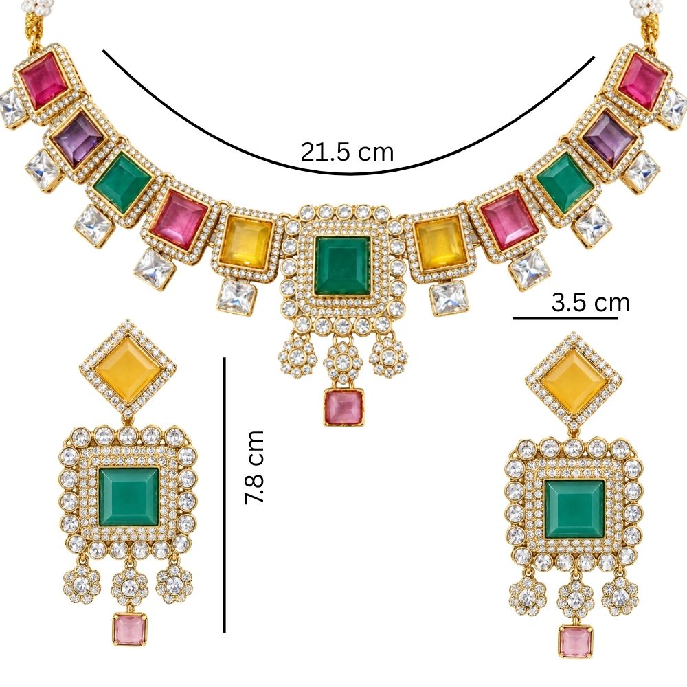 Dharika- Multicolour Geometric Necklace Set with Maang Tikka