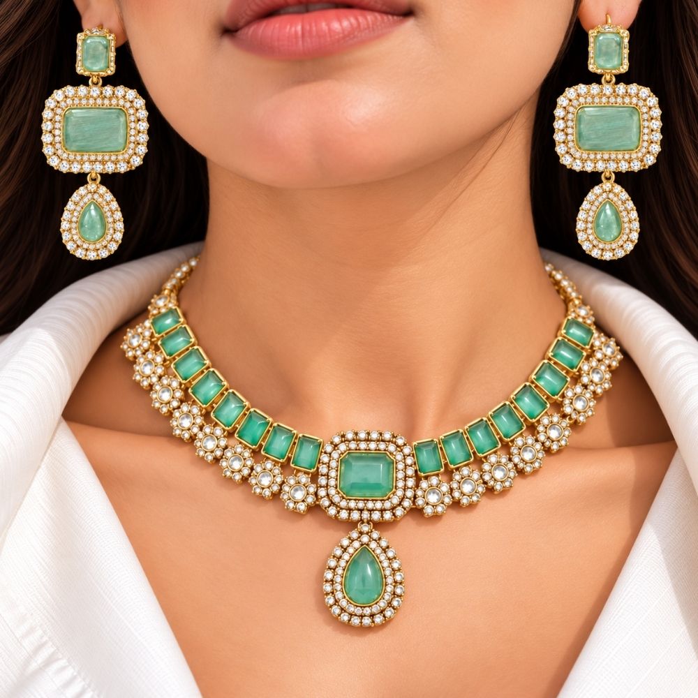 Asha- Sky Blue Stone Necklace Set with Maang Tikka
