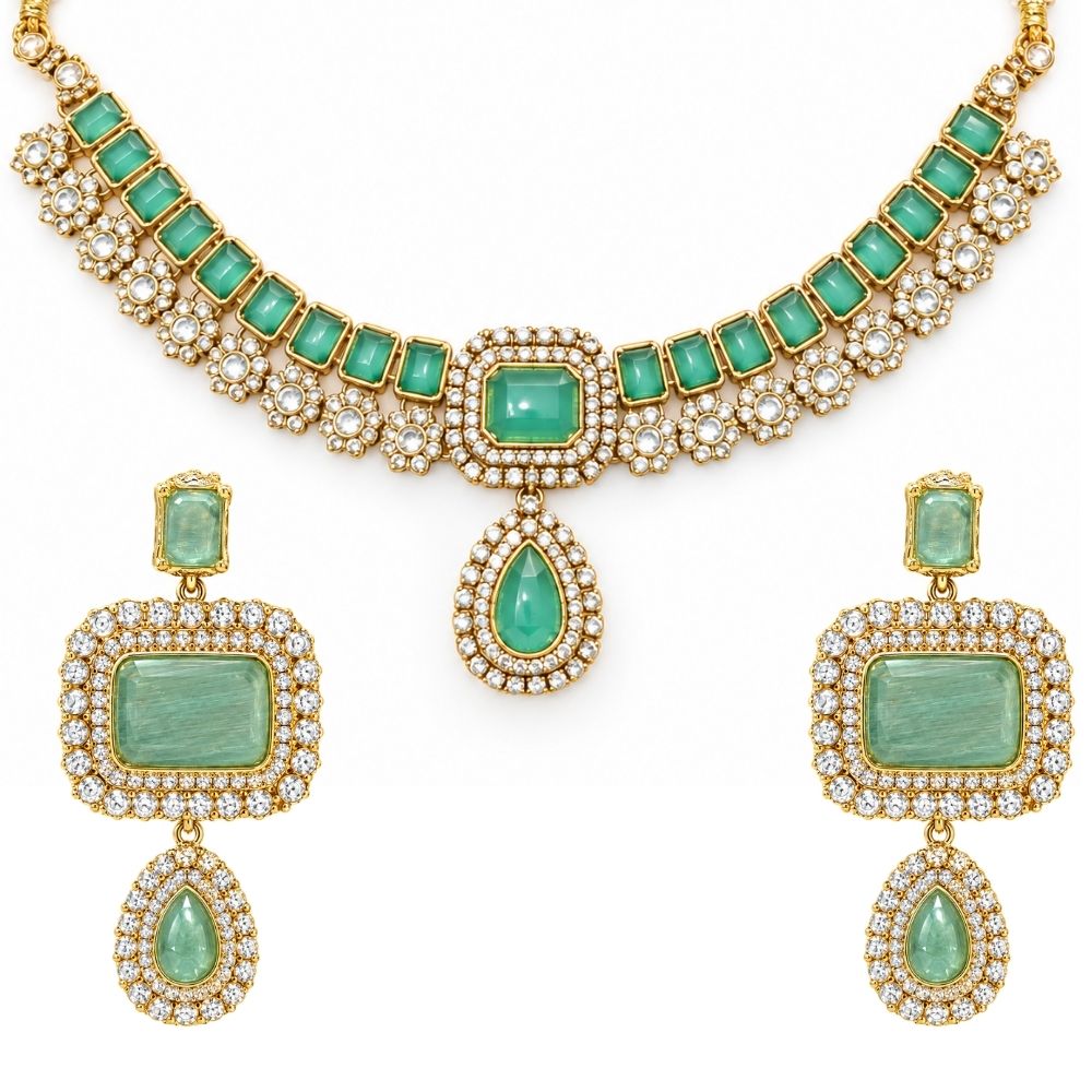 Asha- Sky Blue Stone Necklace Set with Maang Tikka