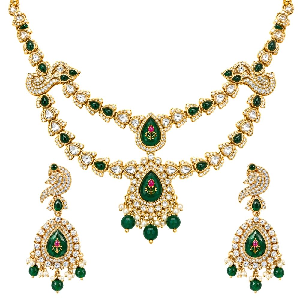 chandika- Green Layered Kundan Necklace Set with Maang Tikka