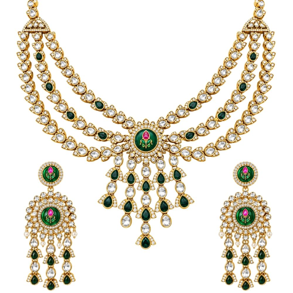 Ishvika- Green Three-Layer Kundan Necklace Set