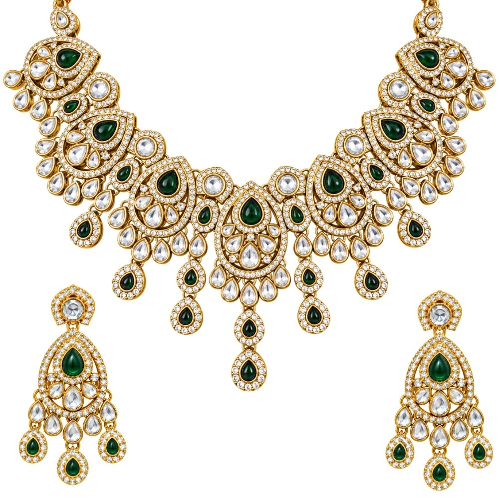 Tarunika- Green Teardrop Kundan Necklace set