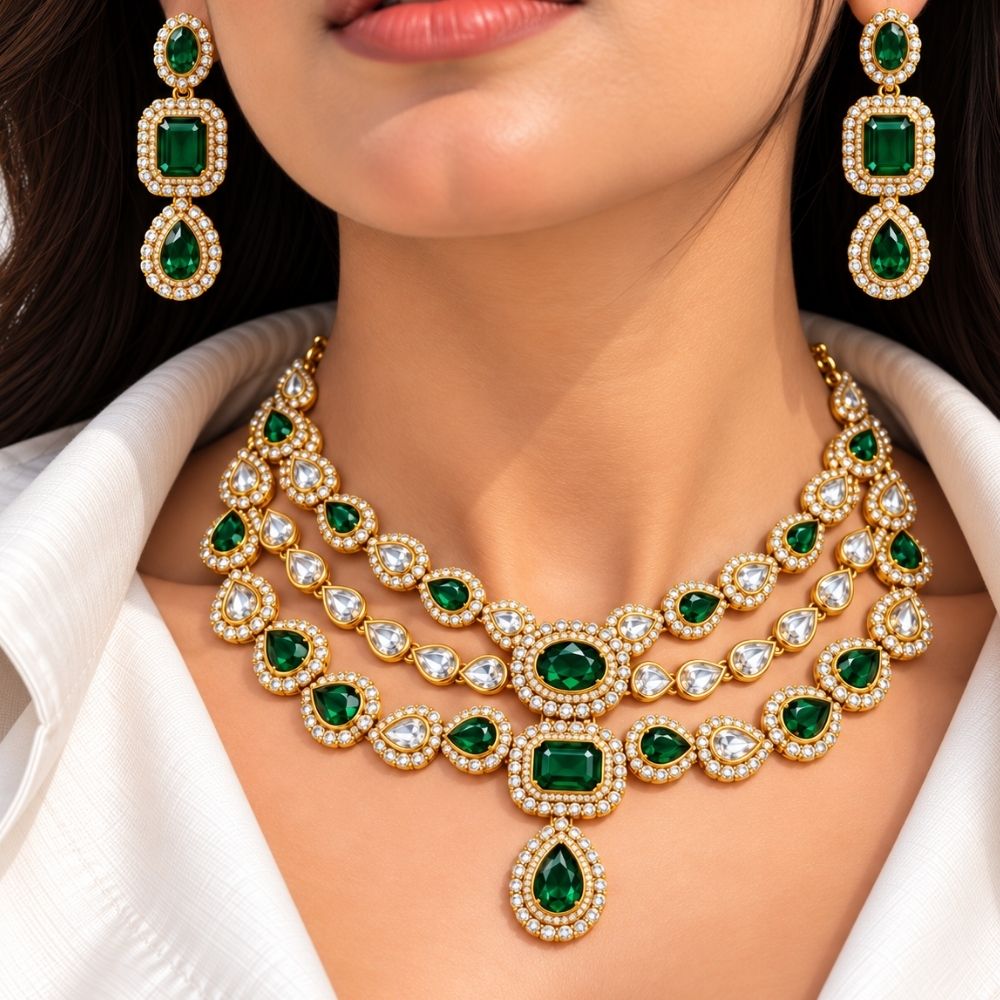 Pranika- Green Three-Layer Stone Necklace Set