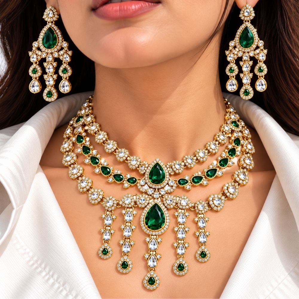 Saanvika - Green Three-Layer Kundan Necklace Set