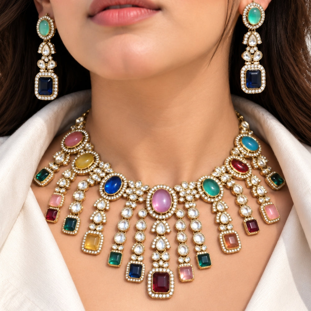 Radhika- Multicolour Kundan Fringe Necklace Set