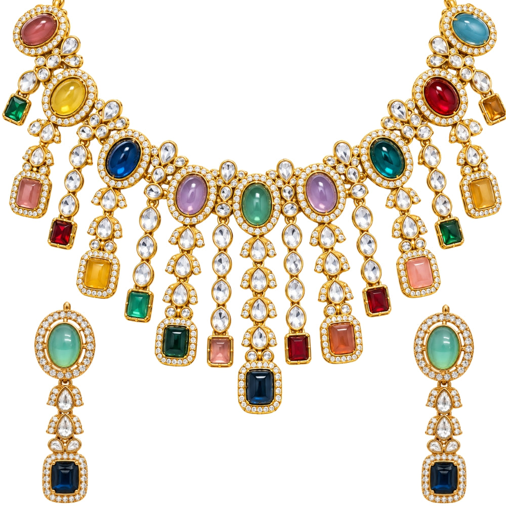 Radhika- Multicolour Kundan Fringe Necklace Set