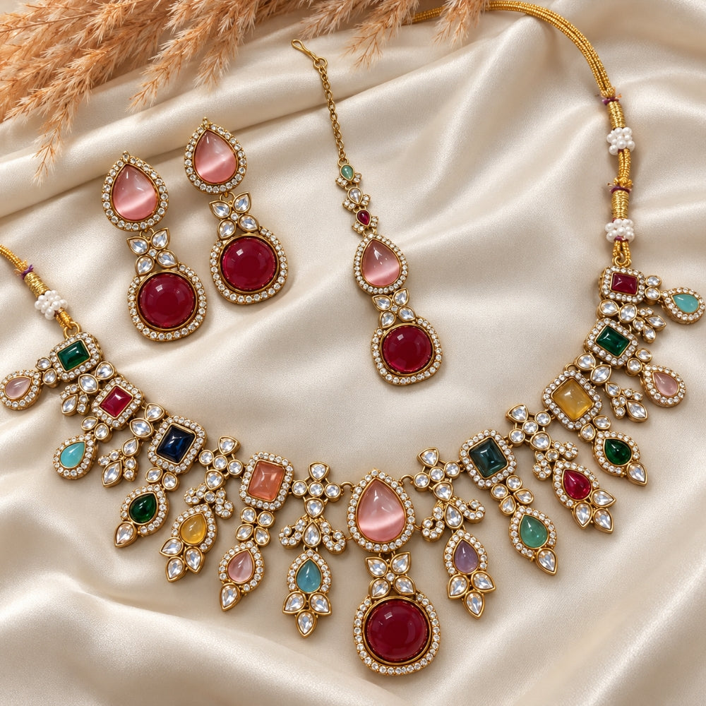 Sharvani- Multicolour Kundan-Style Necklace Set