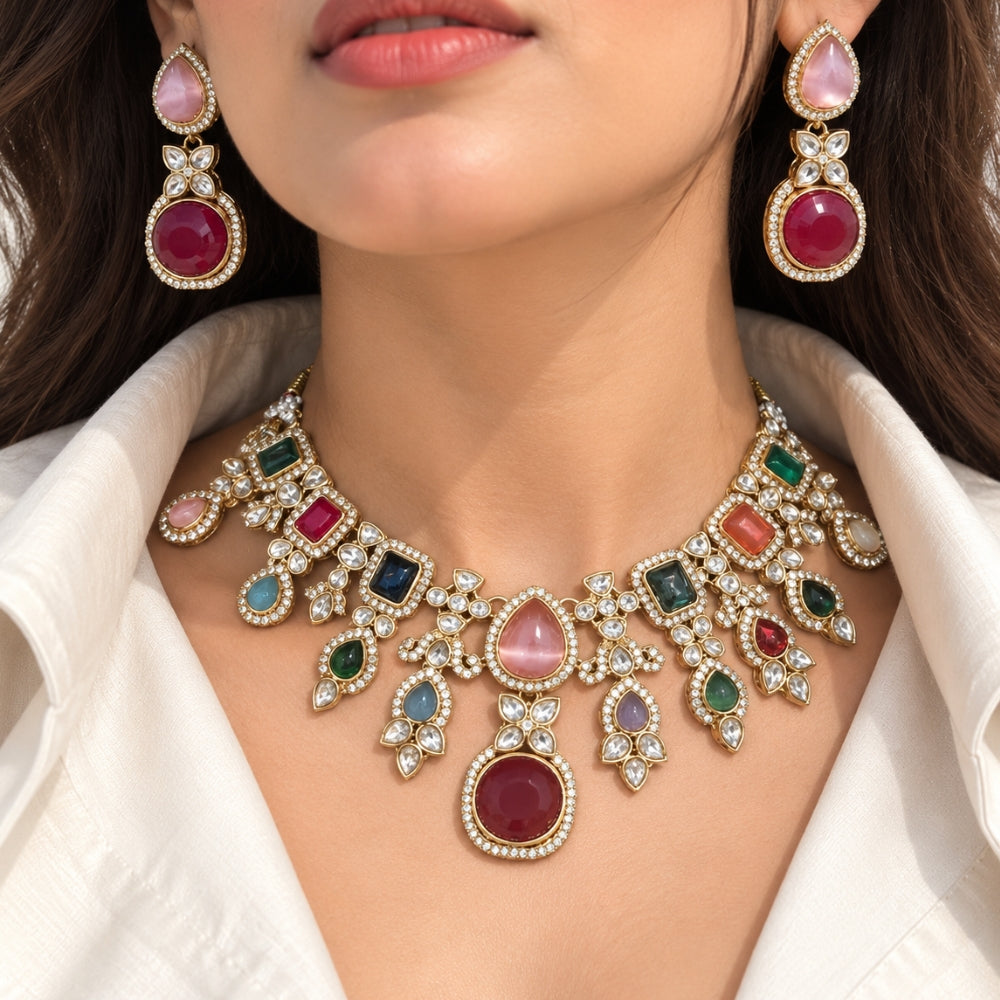 Sharvani- Multicolour Kundan-Style Necklace Set