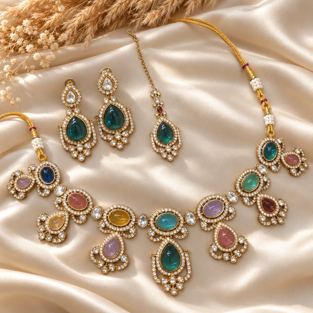 Jivika- Multicolour Oval Teardrop Necklace Set