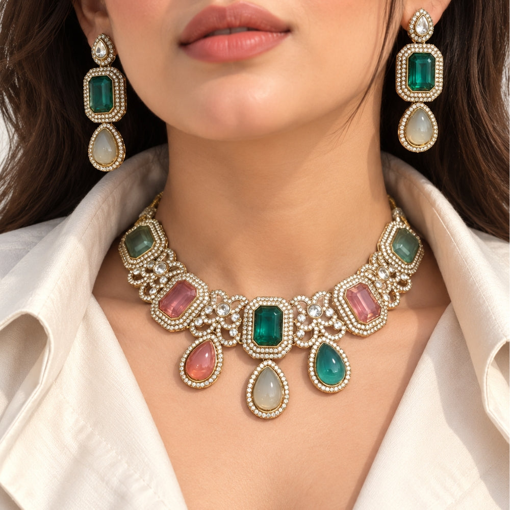 charvika- Multicolour Rectangular Stone Choker Set