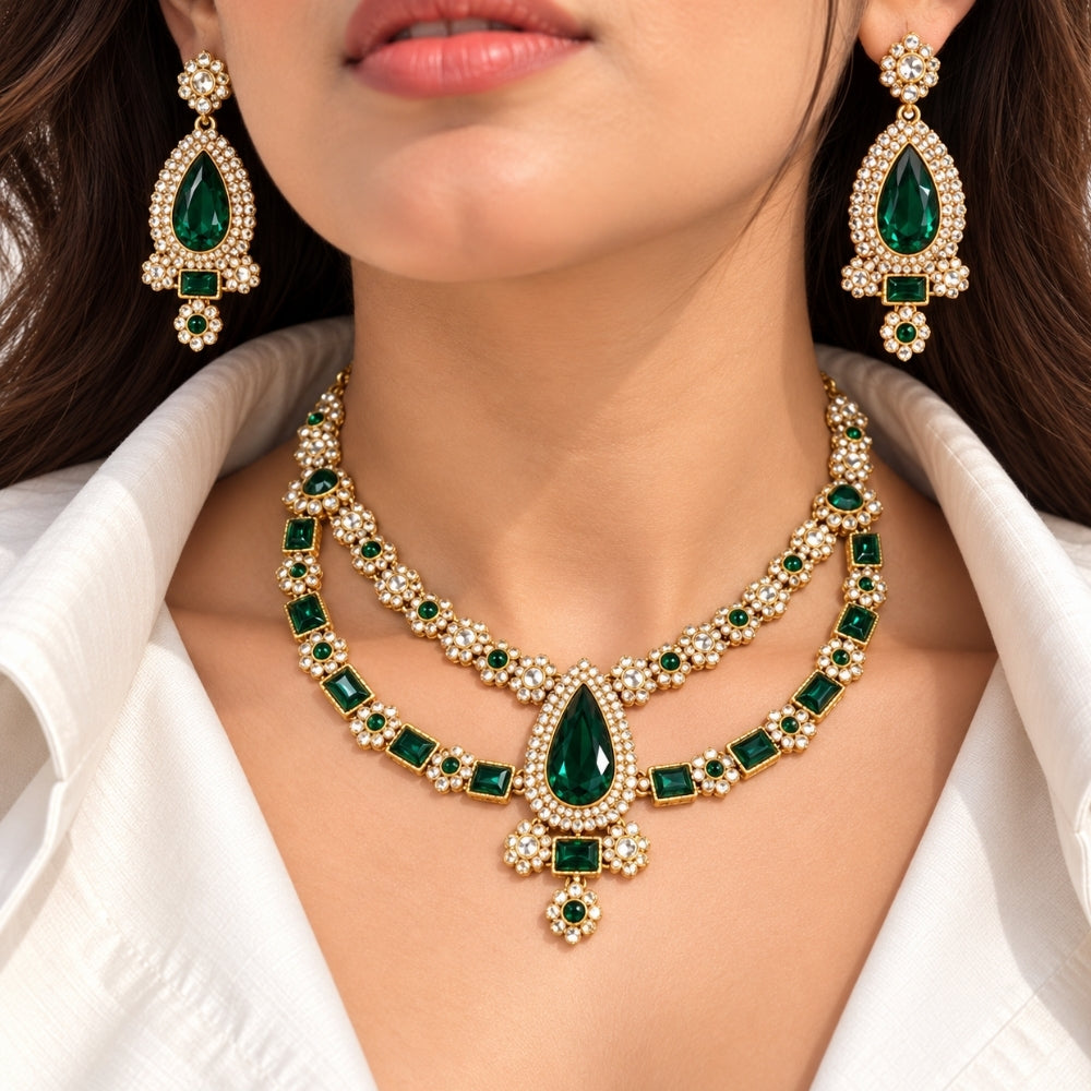 vrinya-Green Double-Layer Kundan Necklace Set
