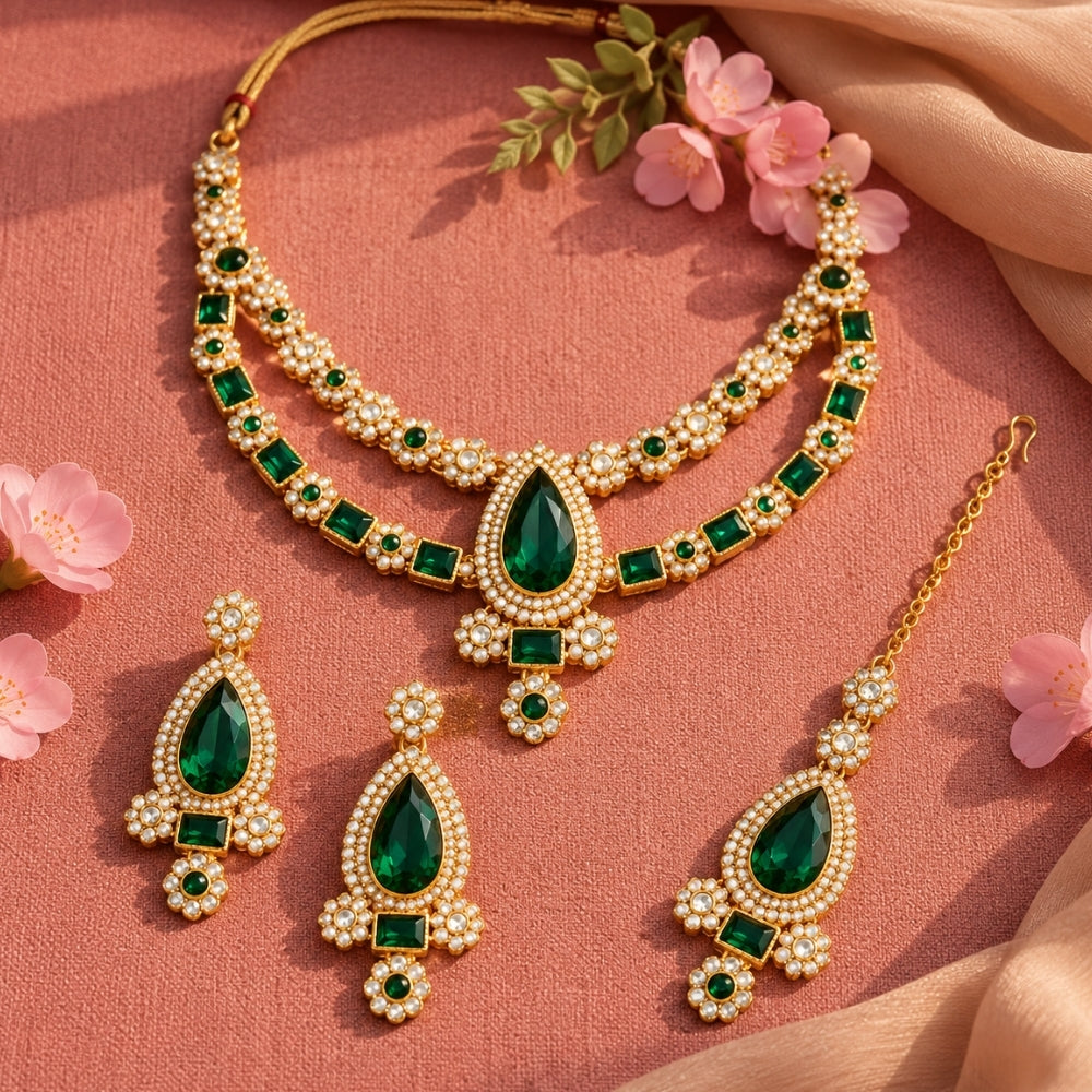 vrinya-Green Double-Layer Kundan Necklace Set
