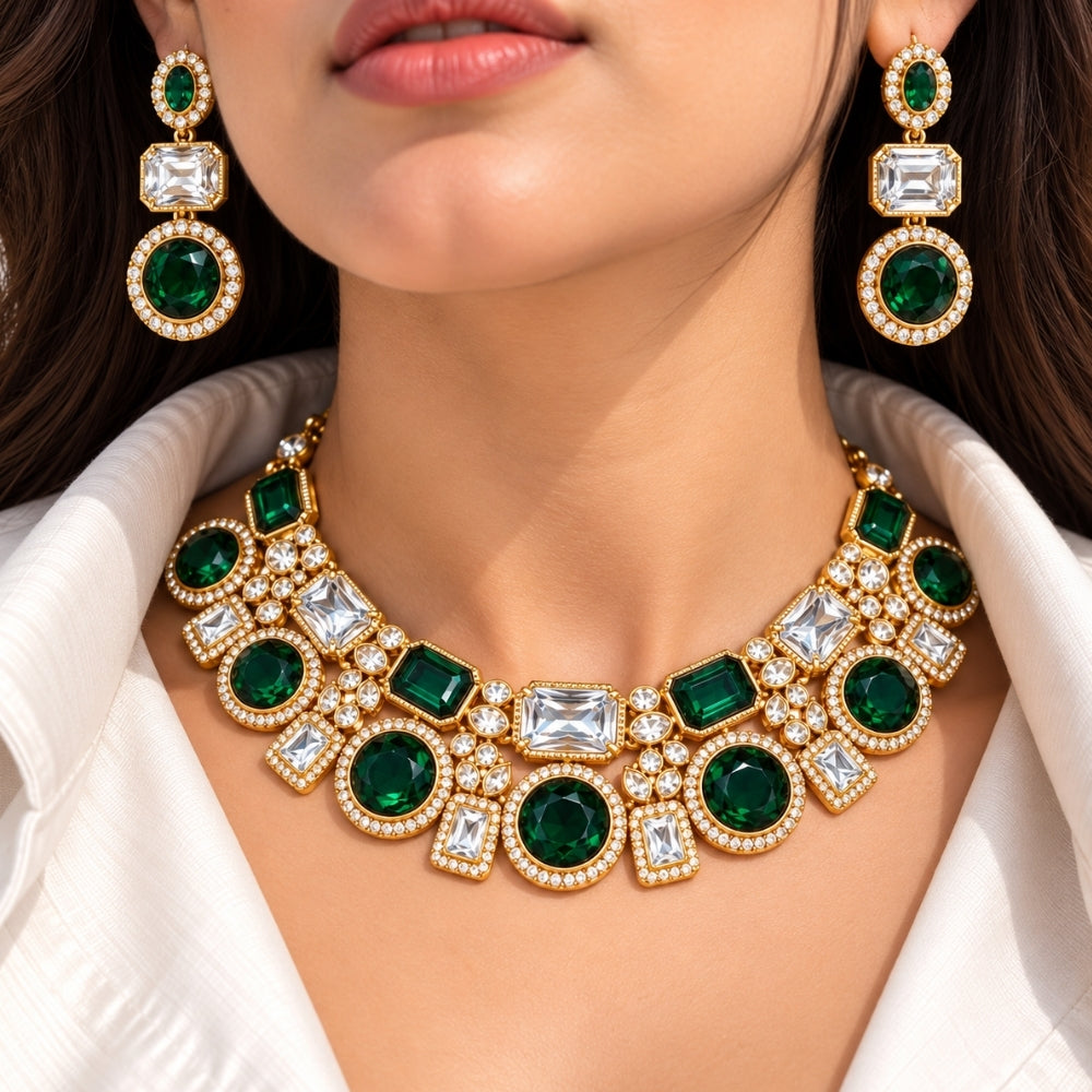 Title: Varnika - Green Geometric Kundan Stone Necklace Set