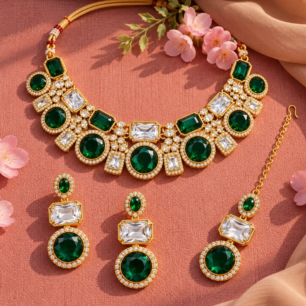 Title: Varnika - Green Geometric Kundan Stone Necklace Set