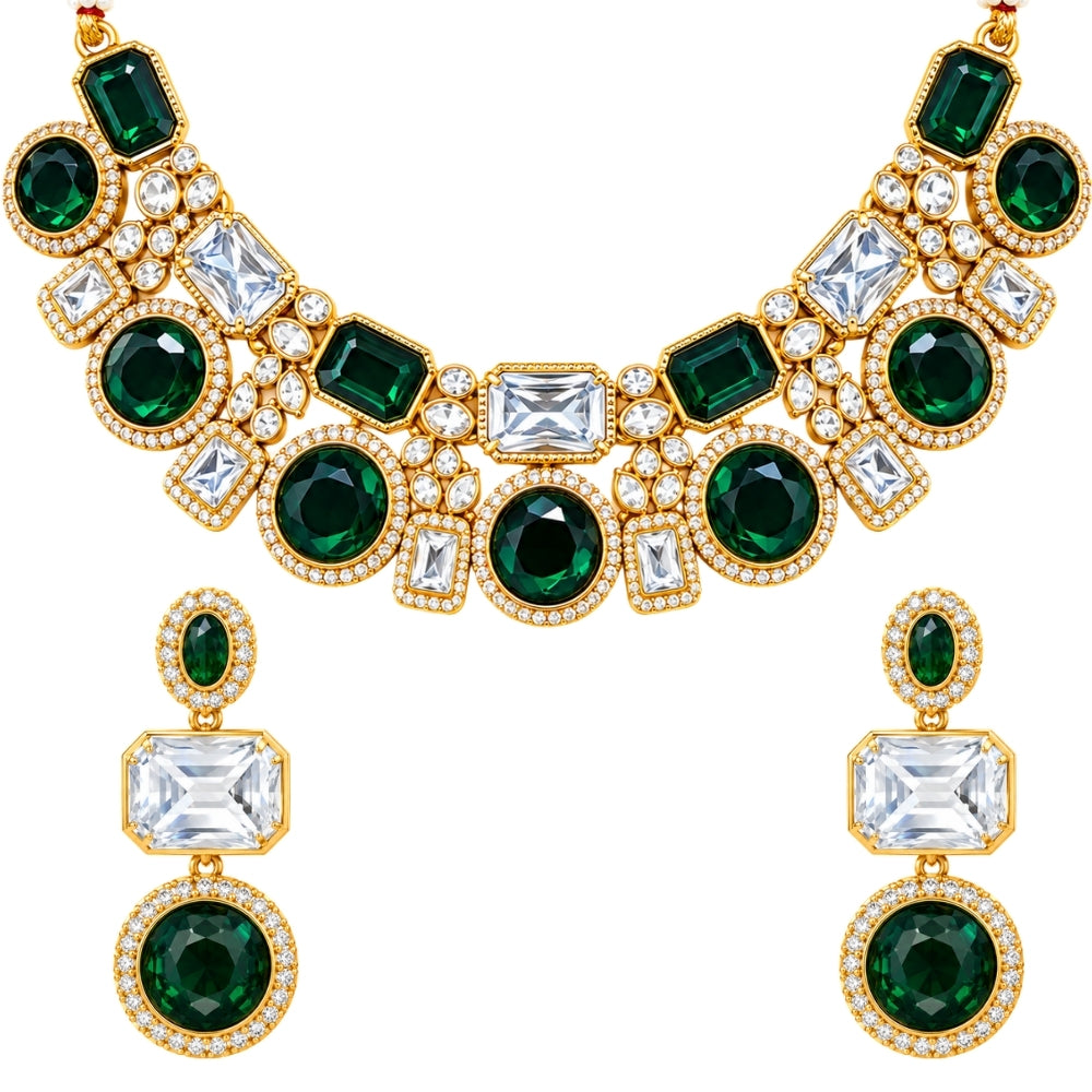Title: Varnika - Green Geometric Kundan Stone Necklace Set