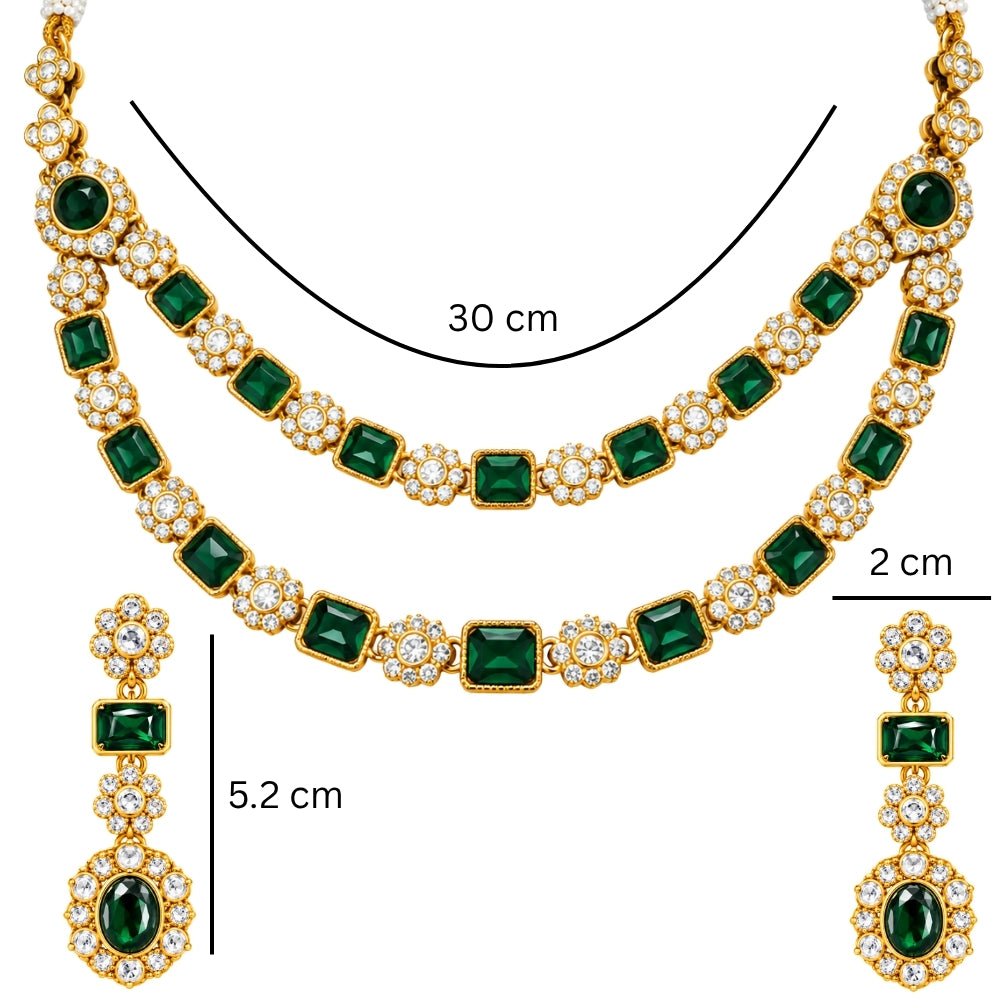 Vireesha- Green Double-Layer Kundan Stone Floral Necklace Set