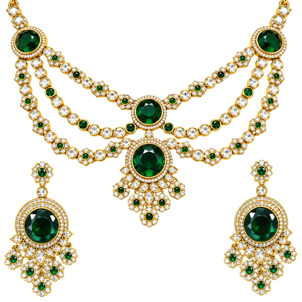 Shrinika - Green Three-Layer Floral Kundan Necklace Set