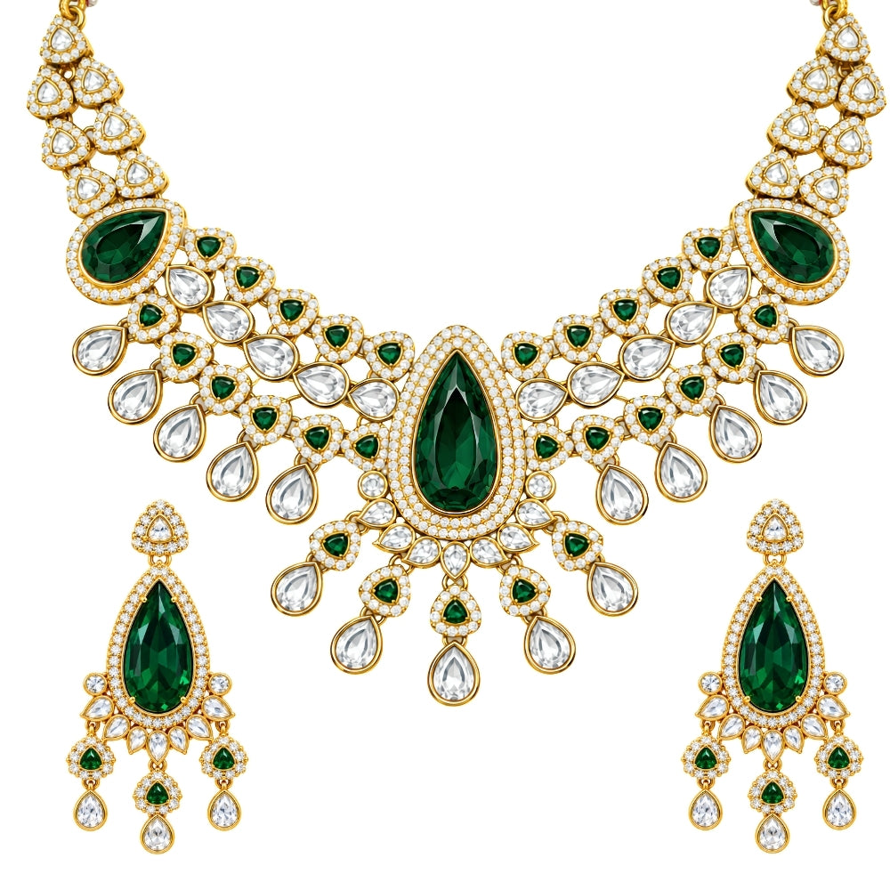Aishvika - Green Teardrop Kundan Stone Necklace Set