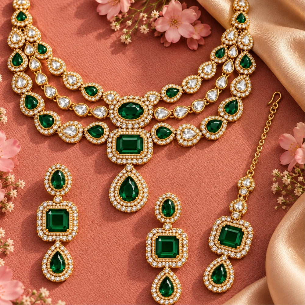 Divisha- Green Three-Layer kundan stone Stone Necklace Set