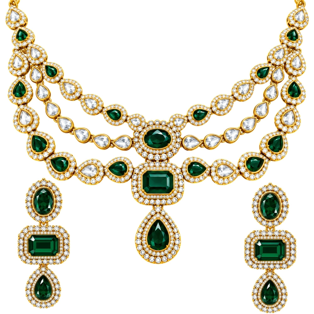 Divisha- Green Three-Layer kundan stone Stone Necklace Set