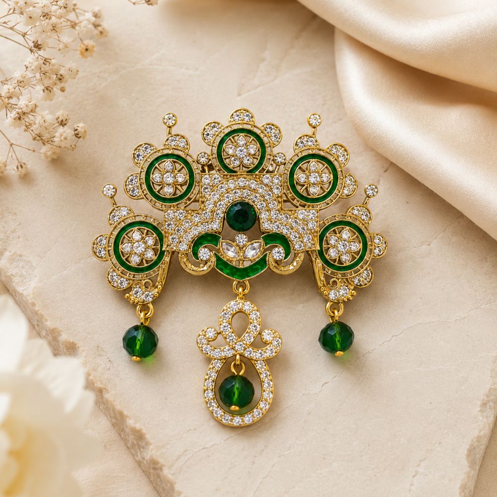 Eerav- Green Stone Studded American Diamond Style Brooch for Men & Women