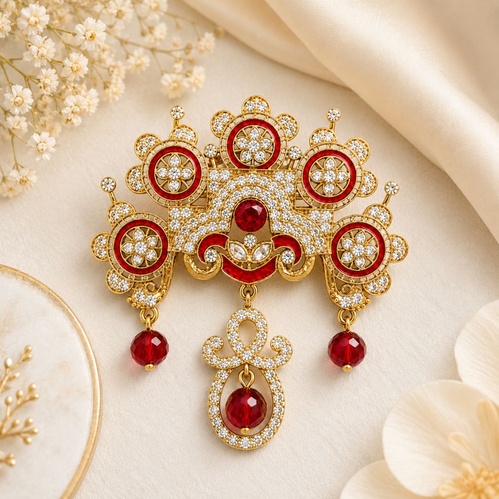 Eerav- Red Stone Studded American Diamond Style Brooch for Men & Women