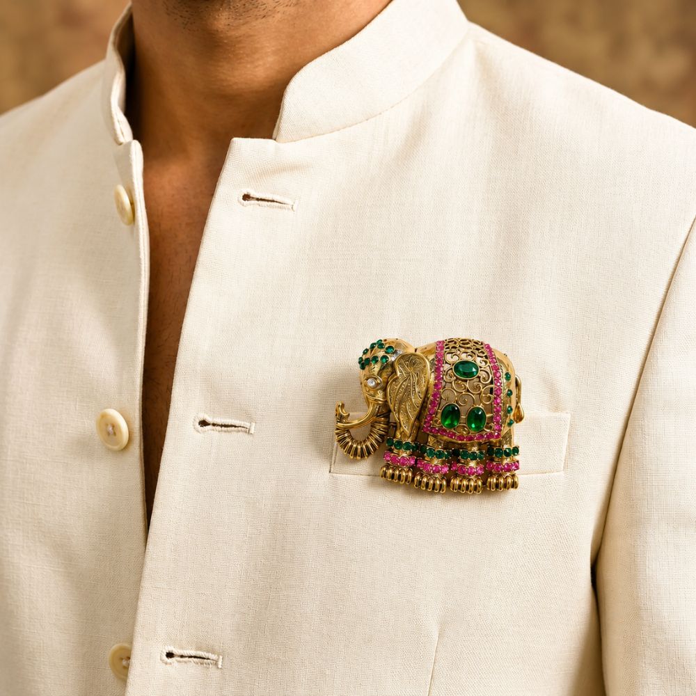 Shivrath- Pink and Green stone Elephant Design Brooch